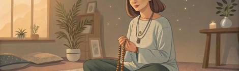 mulher faz meditacao com colar chamado japamala